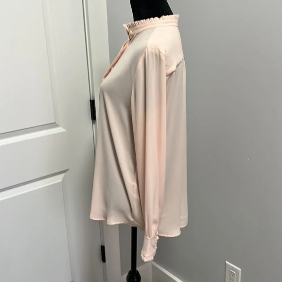 Loft peach button down blouse with ruffle long sleeves and neck. - Picture 7 of 9